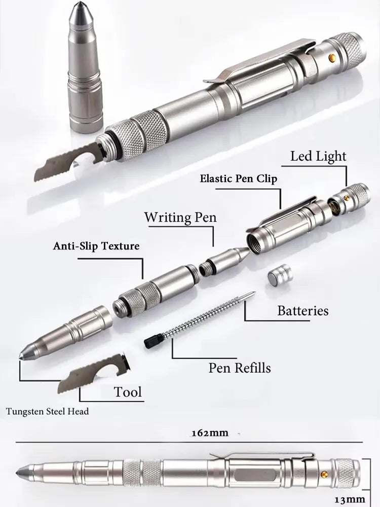 Multi-Function Military Self Defense Tactical Pen With EDC Flashlight