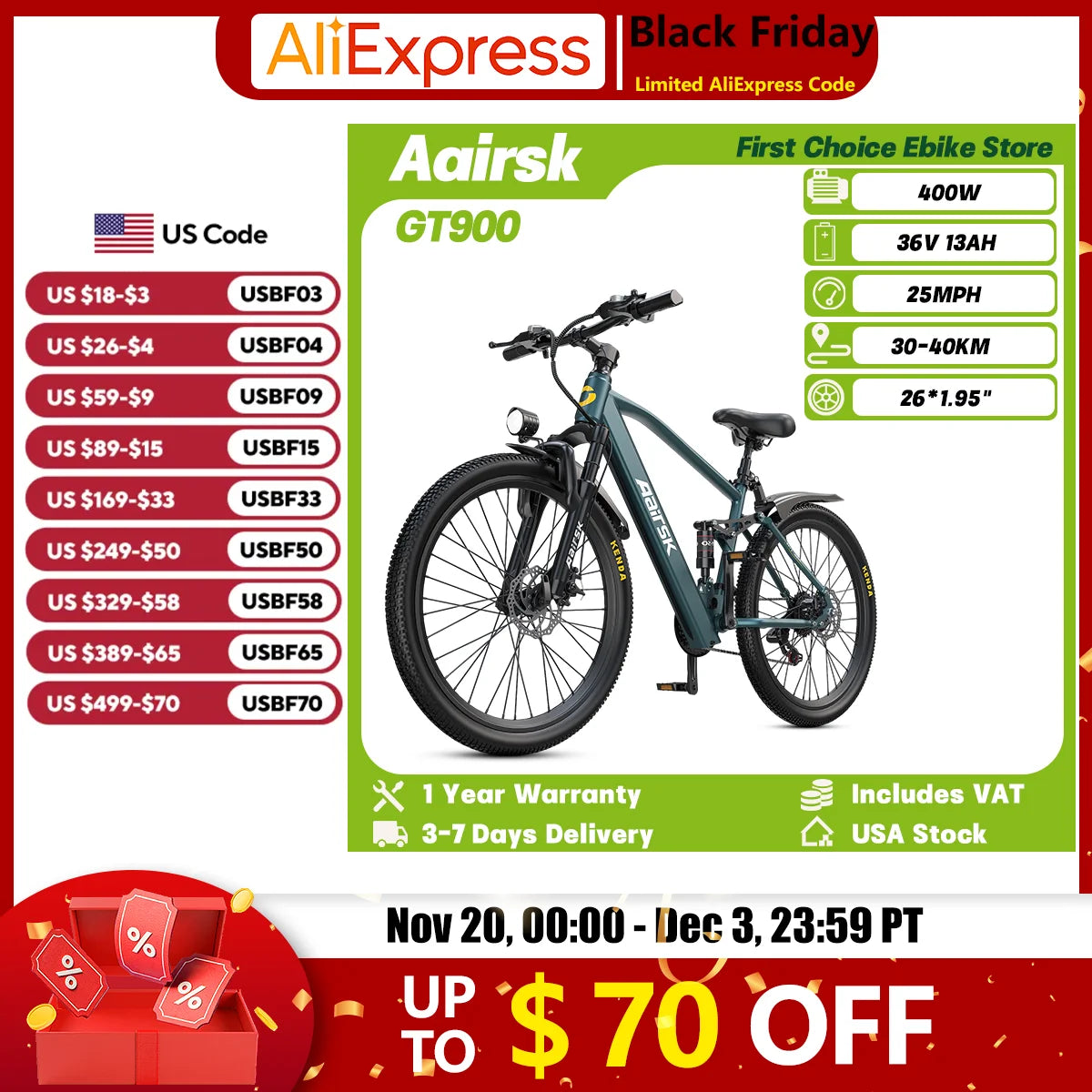 Aairsk GT900 Electric Bike 400W 36V 13Ah Off Road Suspension