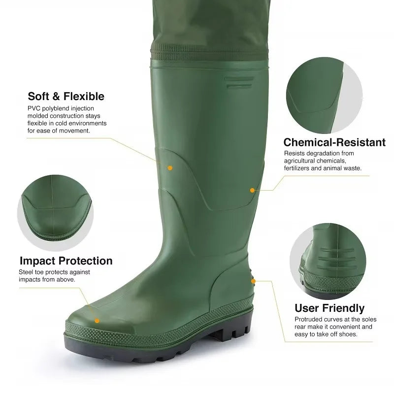 Unisex Waterproof Chest-Length Waders With Boots Durable Breathable