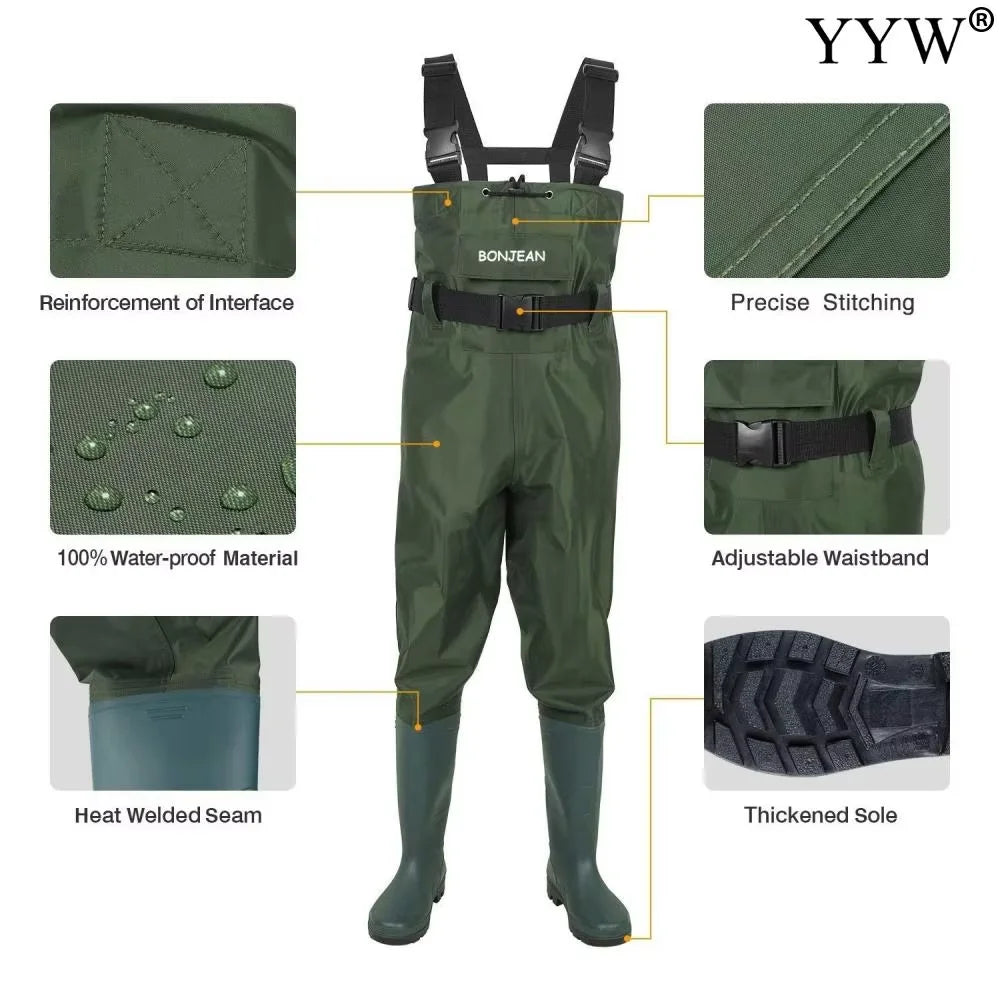 Unisex Waterproof Chest-Length Waders With Boots Durable Breathable