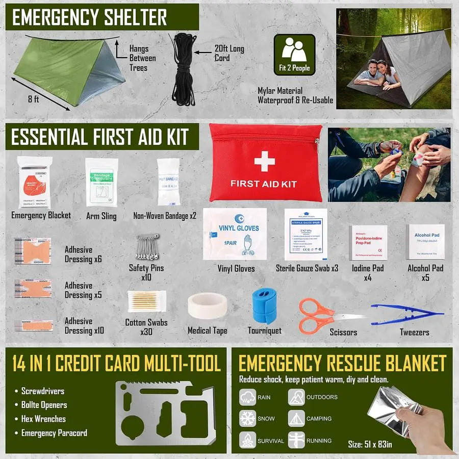 Emergency Survival Gear Kit 268 Pieces With First Aid Camping