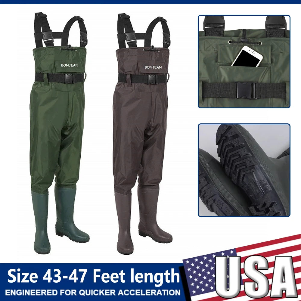 Unisex Waterproof Chest-Length Waders With Boots Durable Breathable