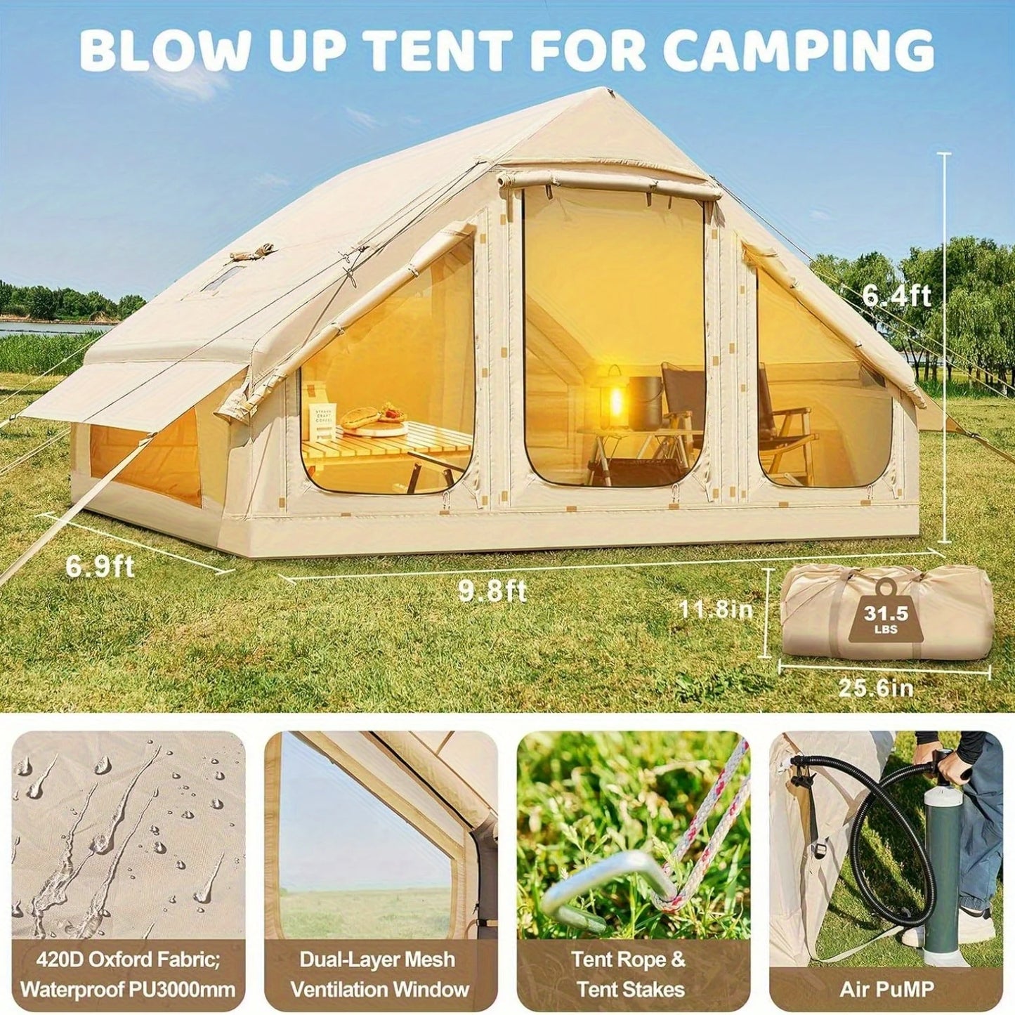 Inflatable Family Tent With Skylight And Chimney Waterproof