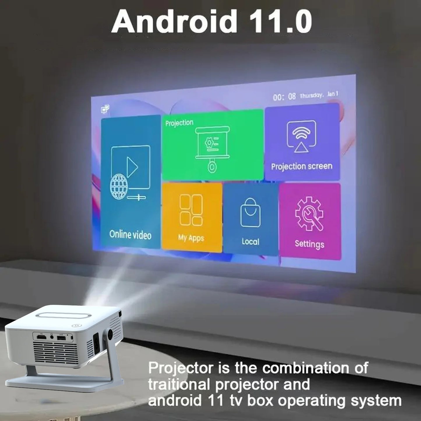 Xnano Android Digital Projector With Holder HDMI USB Wireless