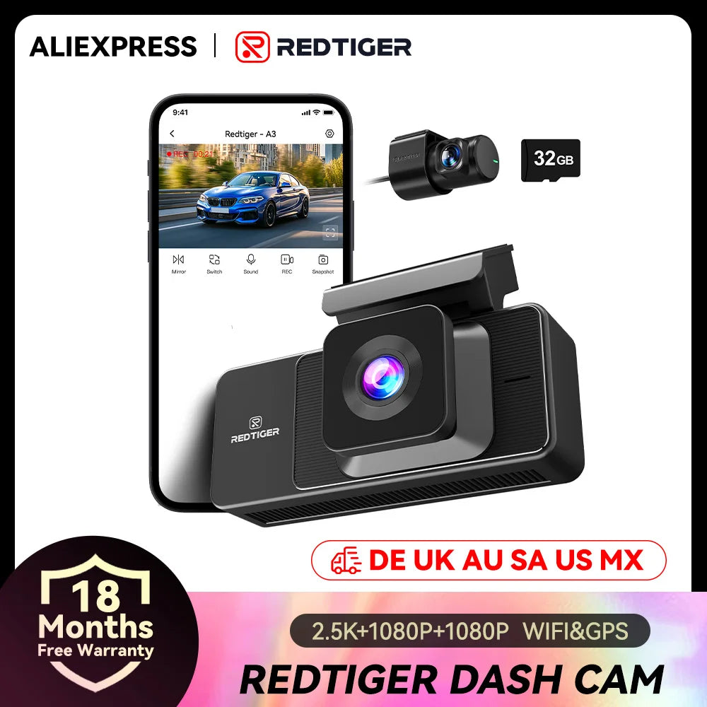 Redtiger Dash Cam A3 Front Cabin Rear Night Vision GPS
