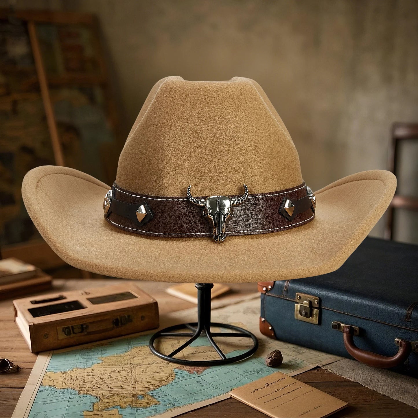NONECN Vintage Cowboy Hat With Wide Brim And Bull Embroidery