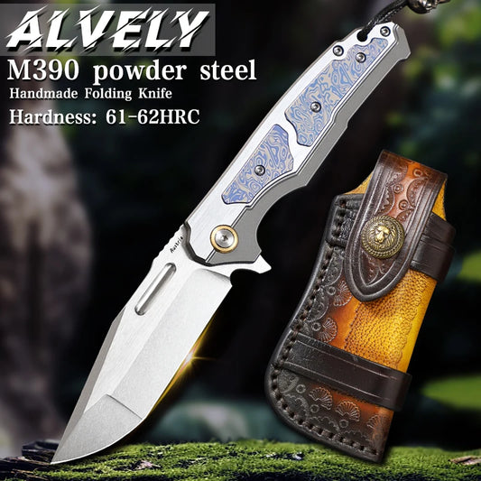 ALVELYDIY Outdoor Tactical Folding Knife M390 Steel With Leather Sheath