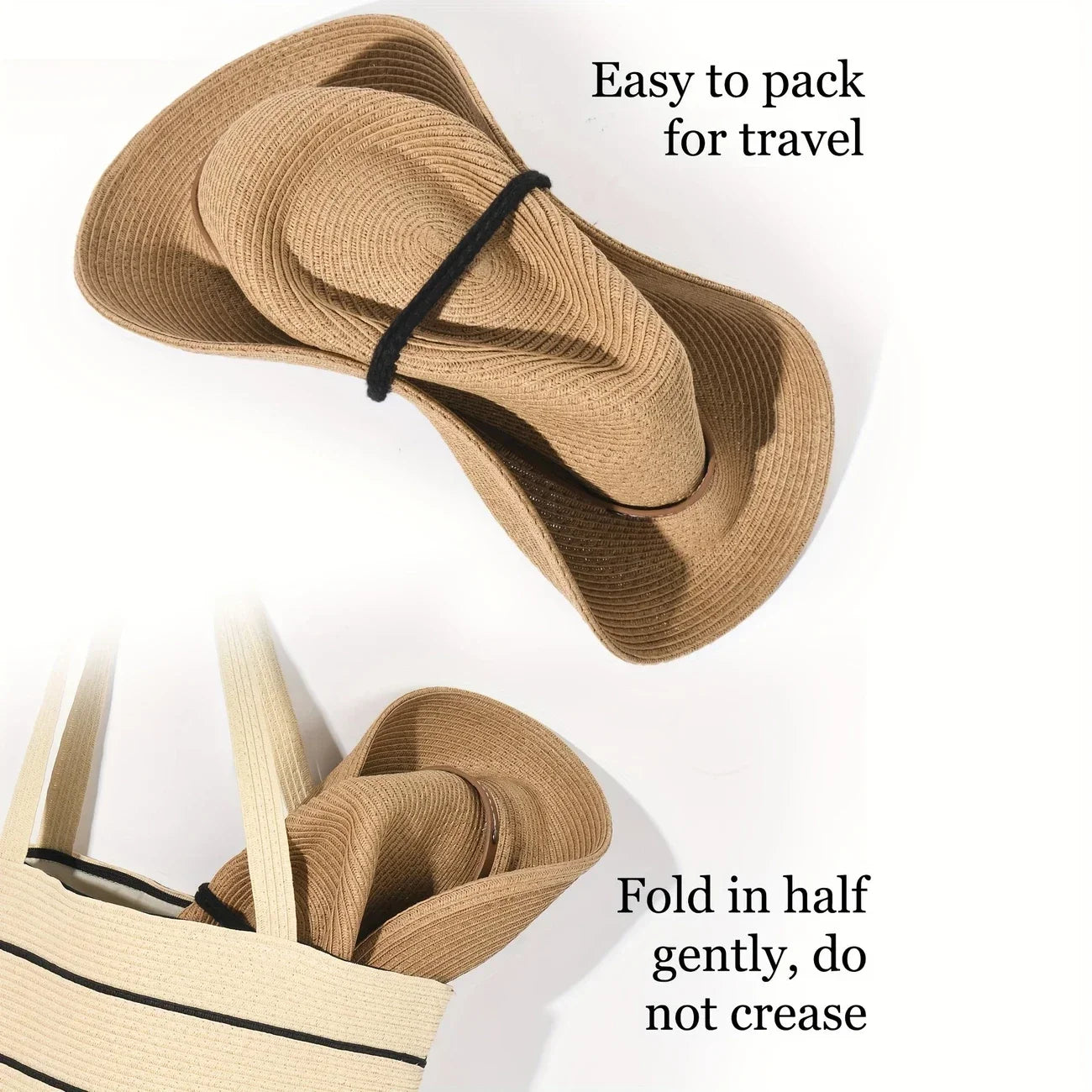 Wide Brim Unisex Cowboy Hat Sun Protection Foldable With Lanyard