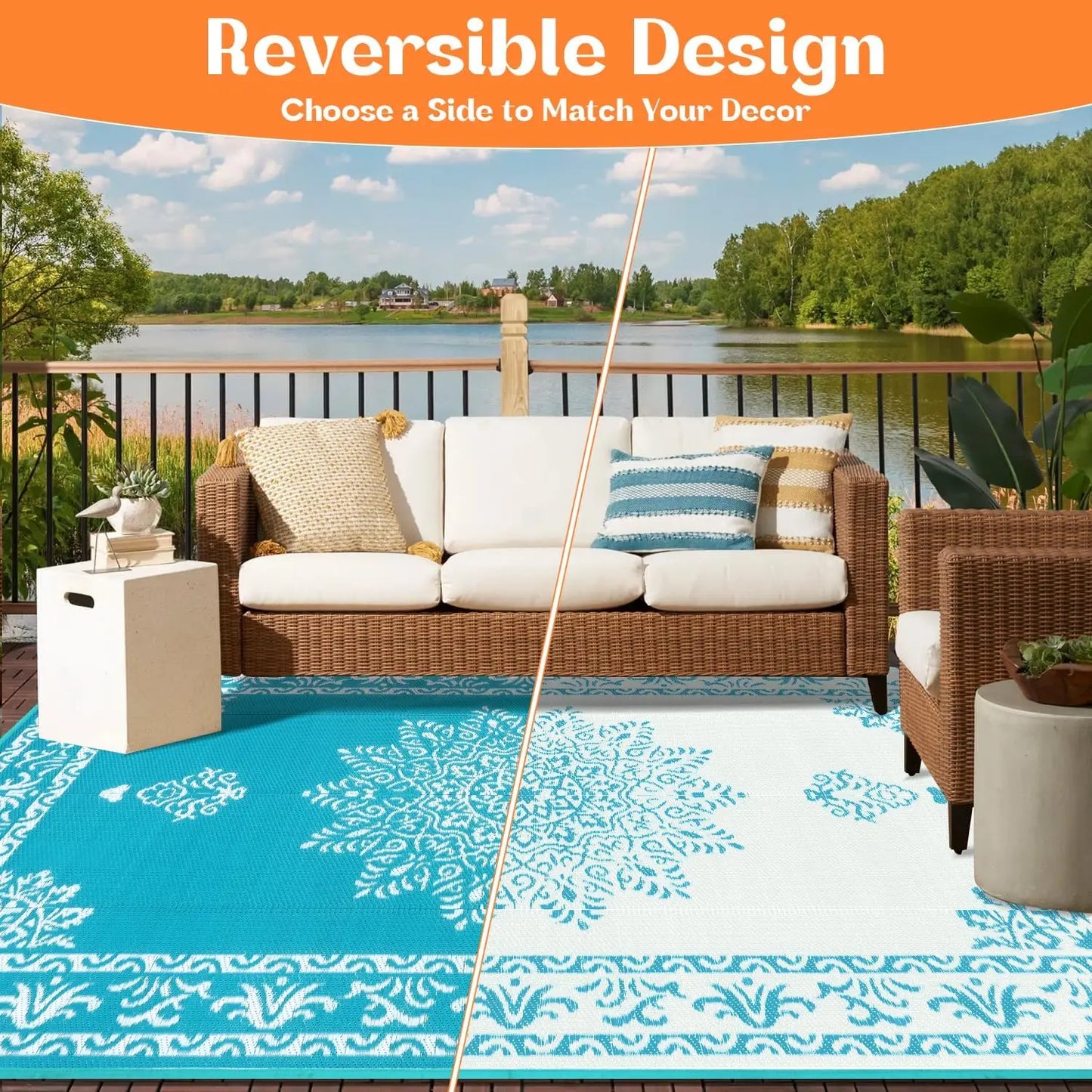 Outdoor Reversible Rug for Patio, Waterproof and UV Resistant