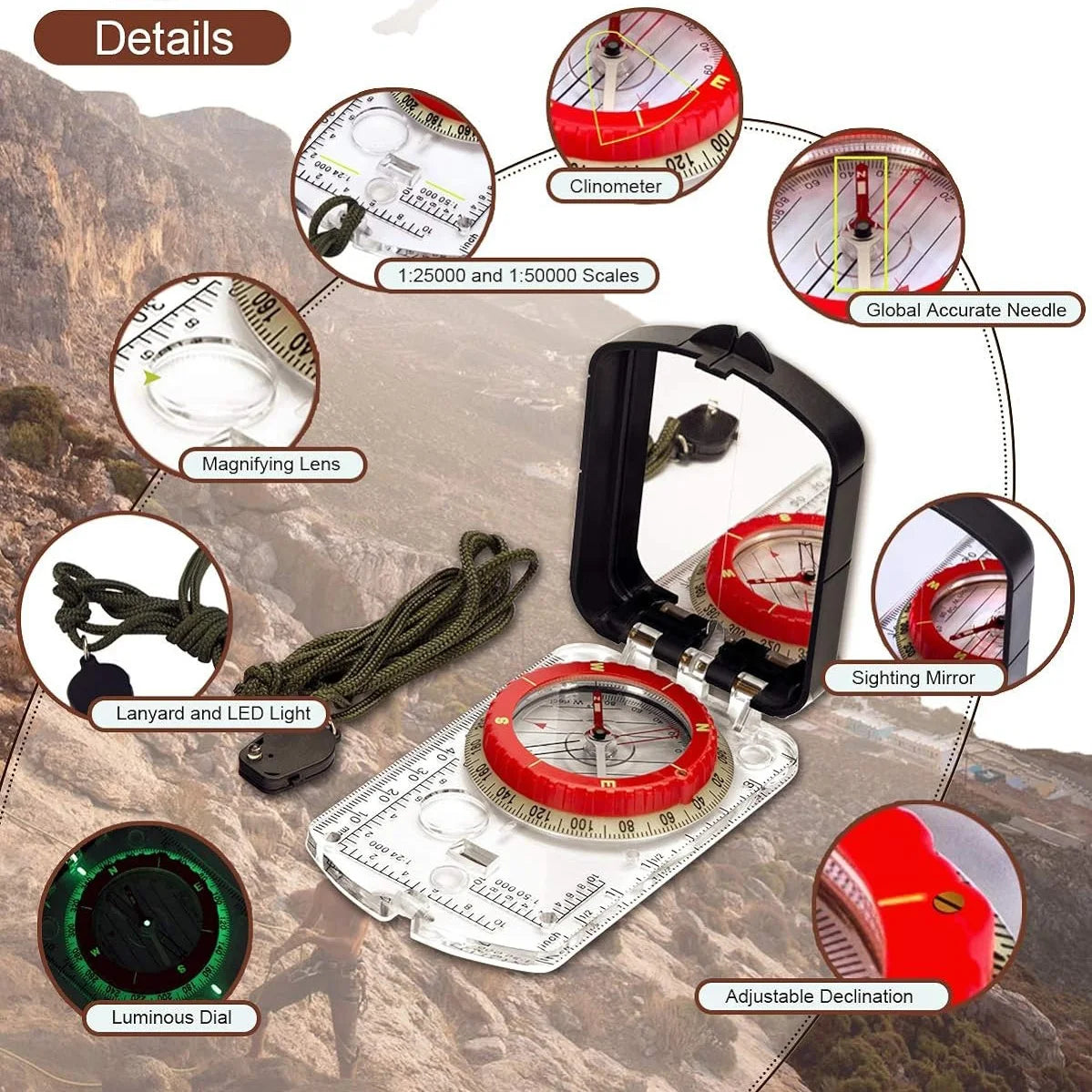 Sighting Compass Mirror With Adjustable Declination Base Plate LED Light
