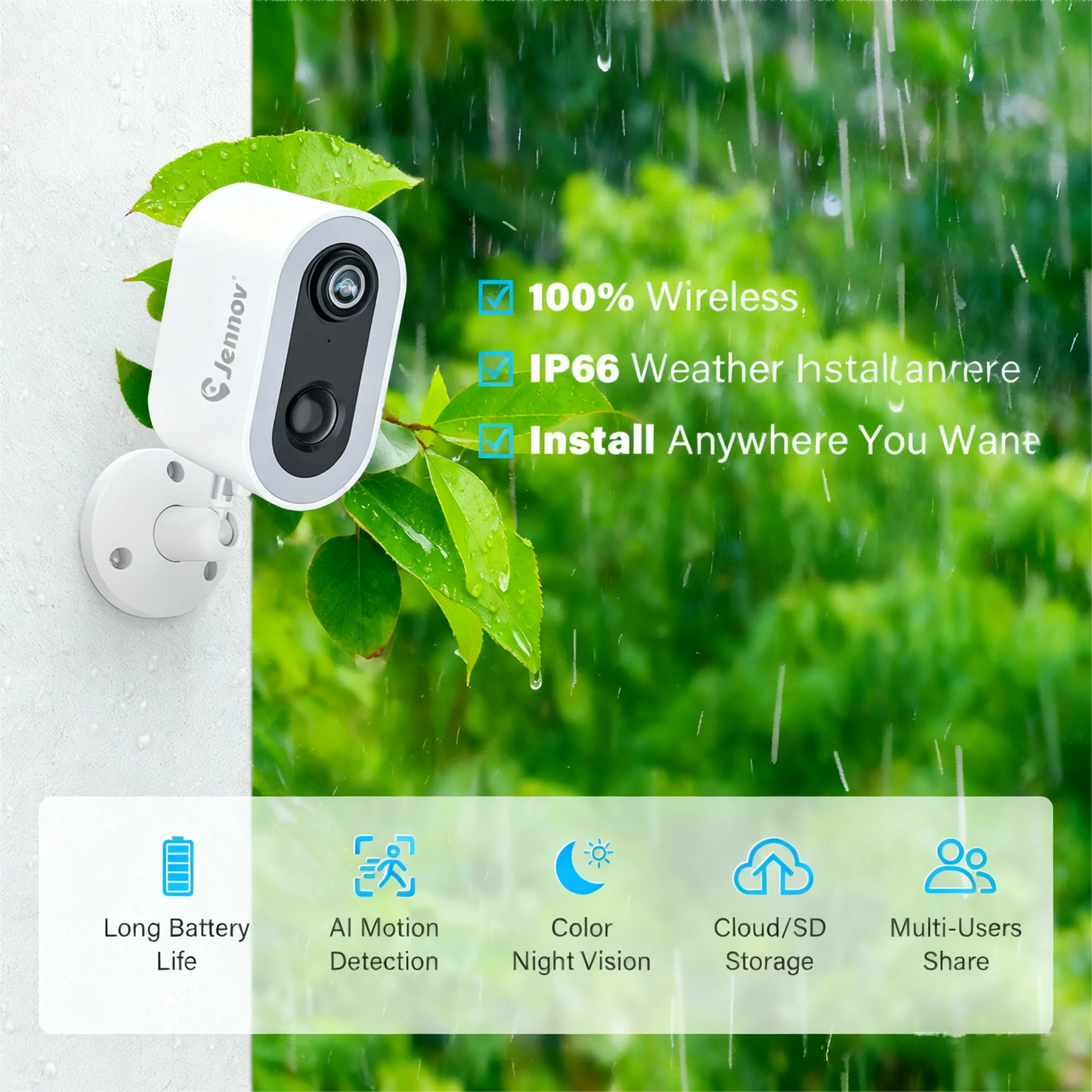 JENNOV 3MP Wireless Outdoor Battery Security Camera Two Way Talk