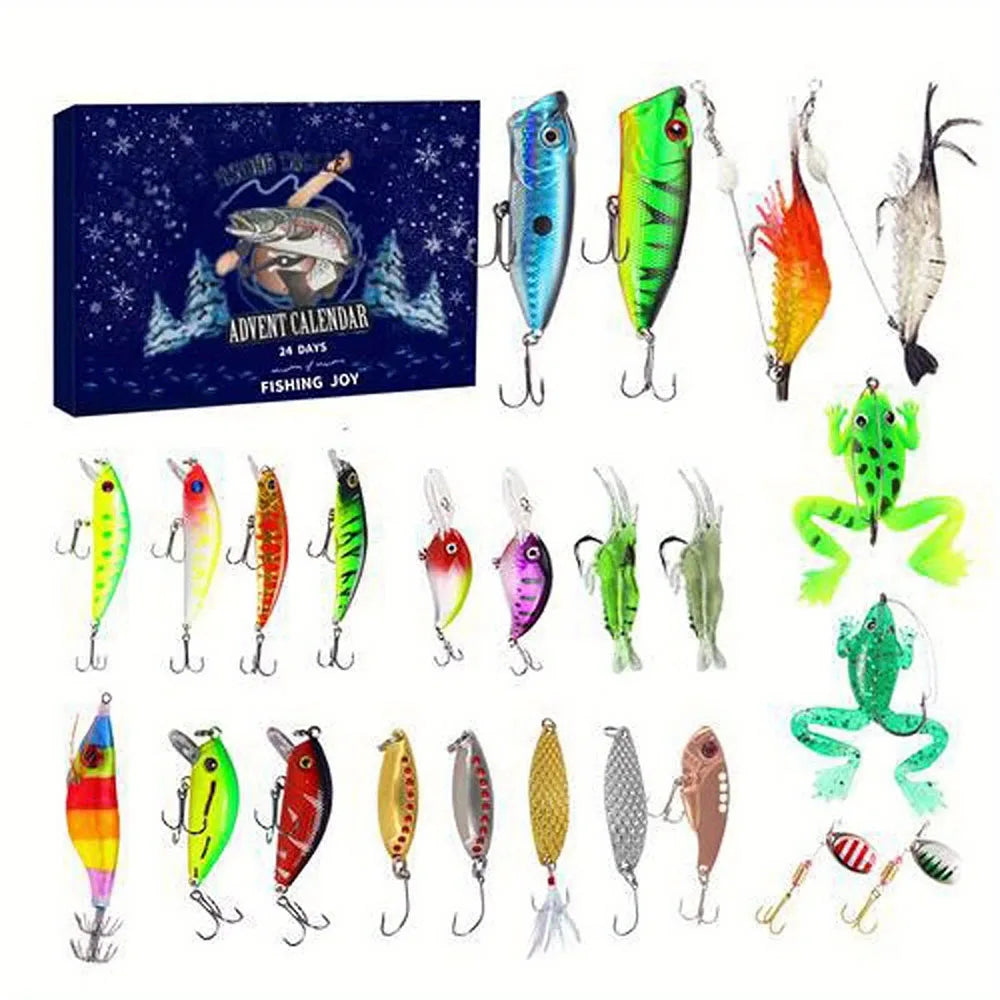 Fishing Lures, Fake Bait Set, 24-Compartment Design, 2025 Christmas Gift Calendar for Boys and Girls, 24-Day Christmas Countdown Calendar Hook Blind Box