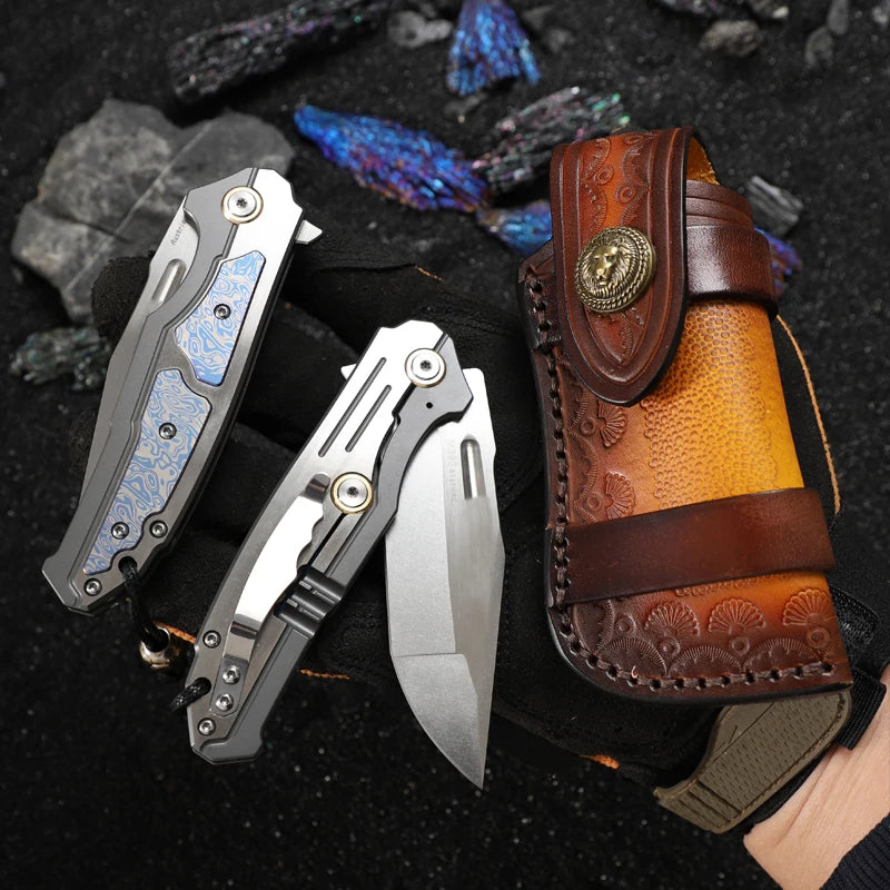 ALVELYDIY Outdoor Tactical Folding Knife M390 Steel With Leather Sheath
