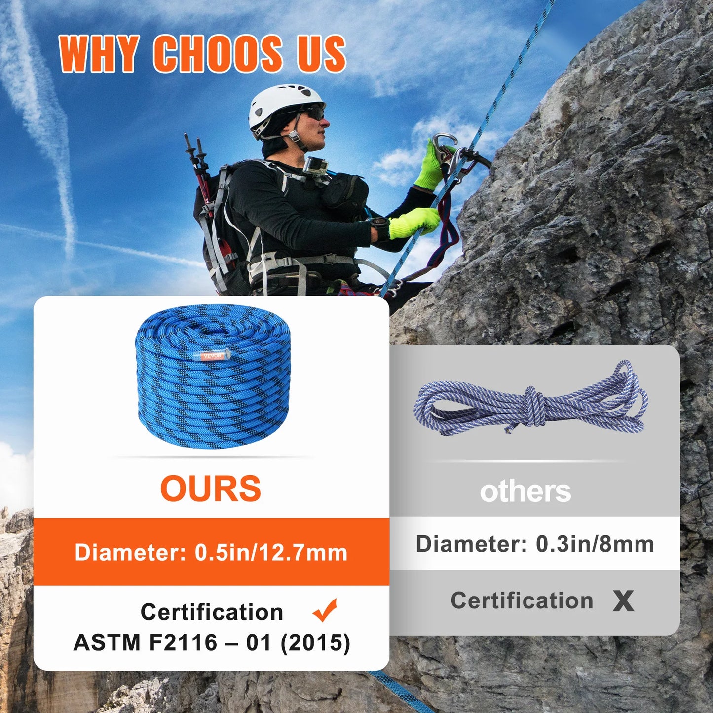 VEVOR Static Climbing Rope With Steel Snap Hooks Outdoor