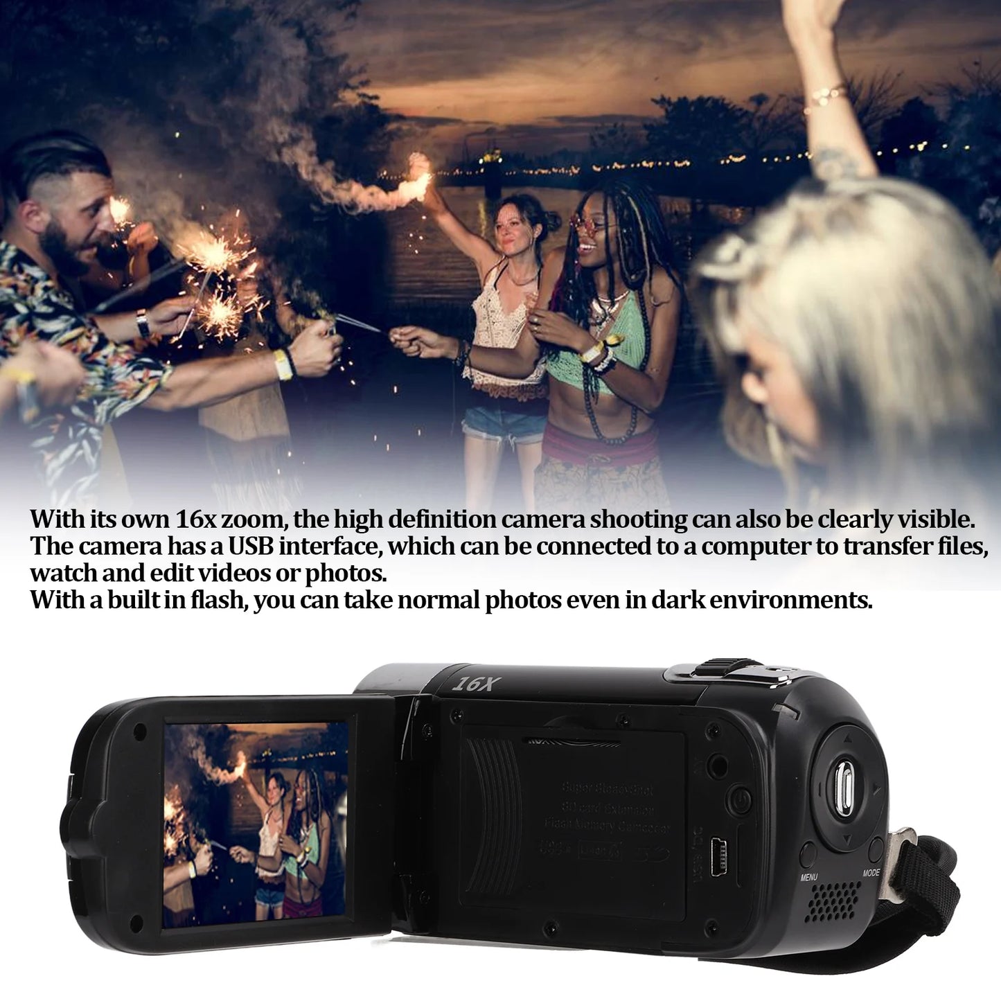 Arealer Video Camcorder 16MP 270 Degree Rotation Full HD 1080P