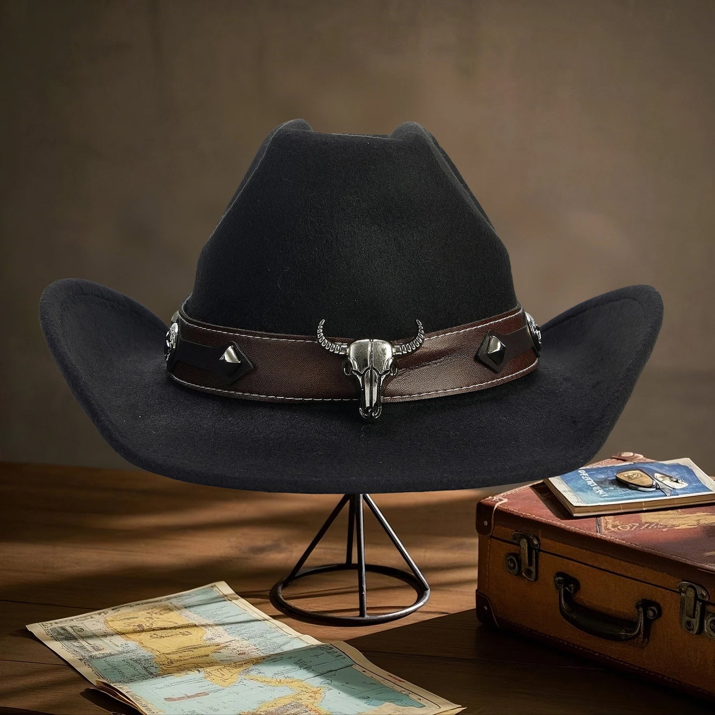 NONECN Vintage Cowboy Hat With Wide Brim And Bull Embroidery