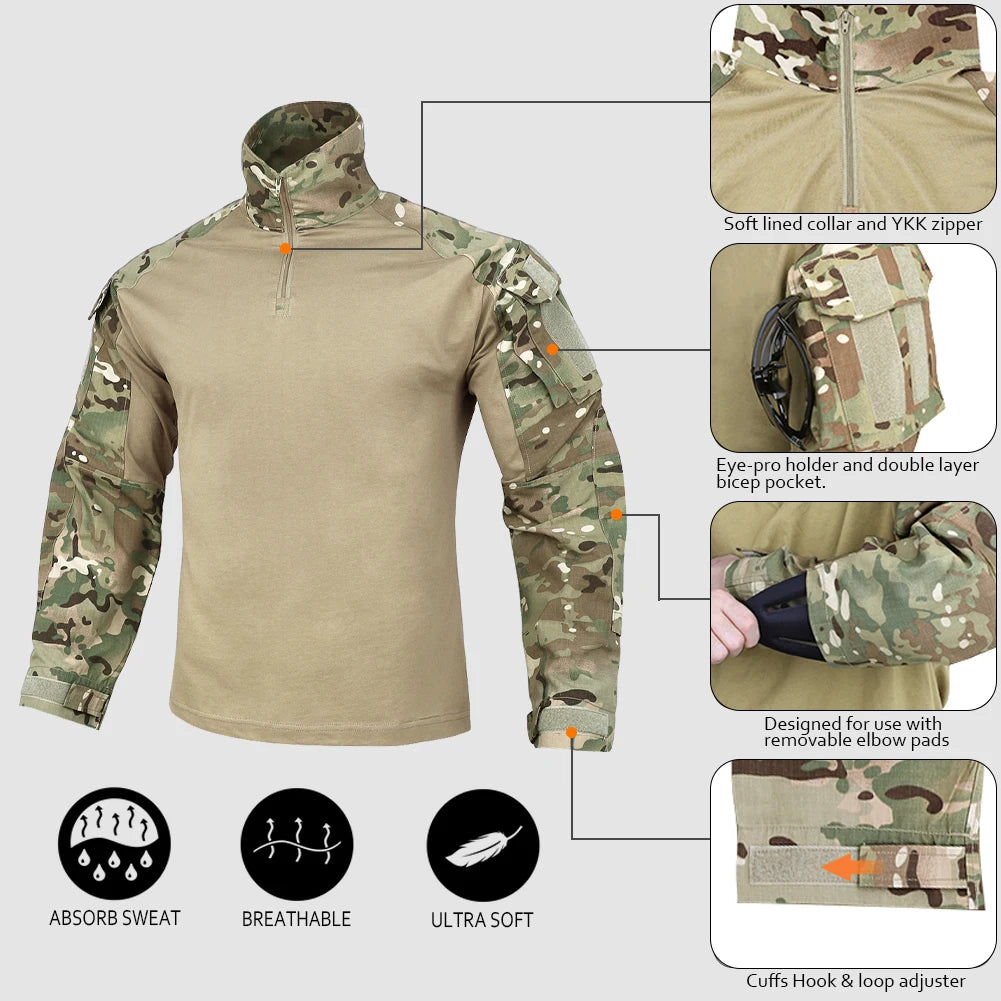 KRYDEX Combat Shirt With Elbow Pads For Hunting Tactical Wear