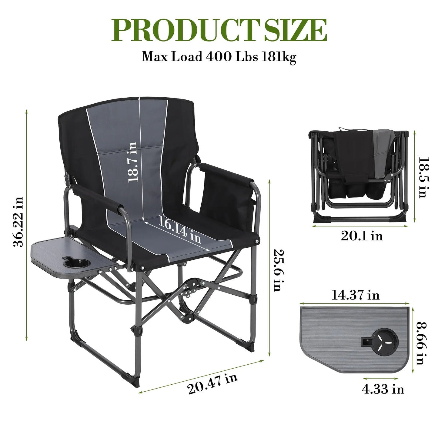 HiMISS Heavy Duty Folding Director Chair 400LBS With Side Table Pockets