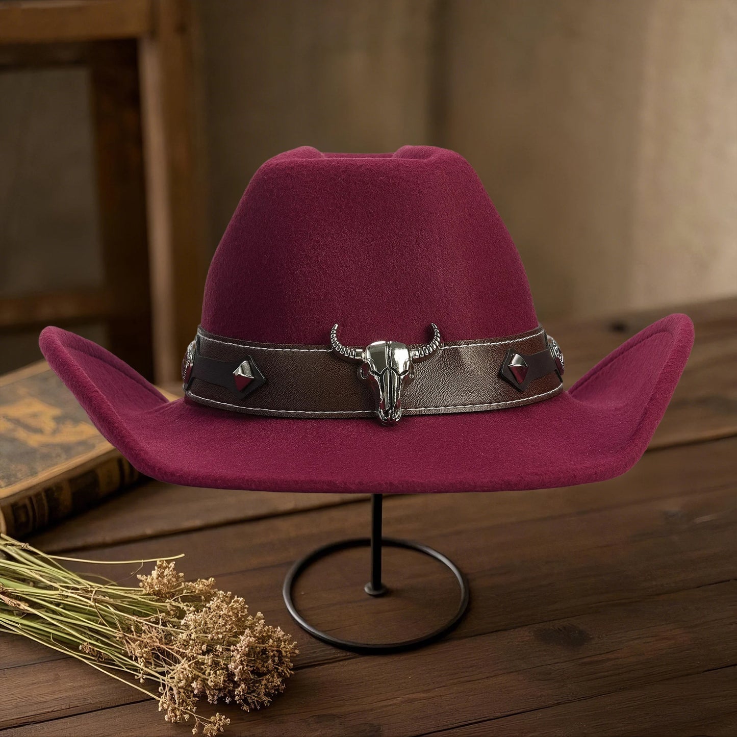 NONECN Vintage Cowboy Hat With Wide Brim And Bull Embroidery