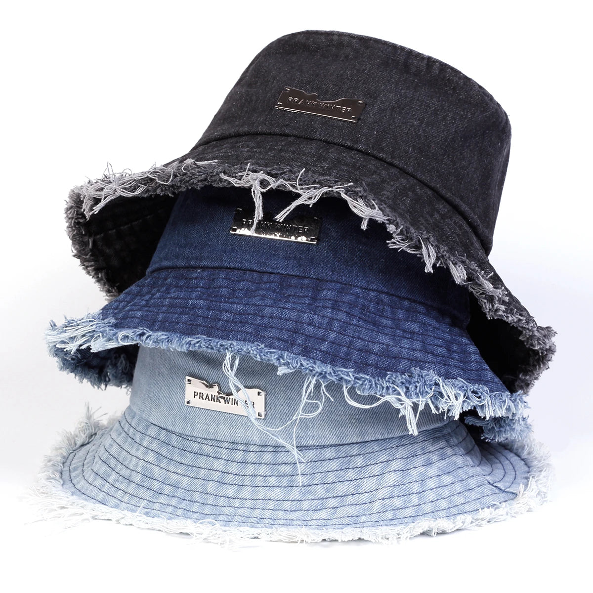 Unisex Denim Bucket Hat With Vintage Edge Holes Sun Protection