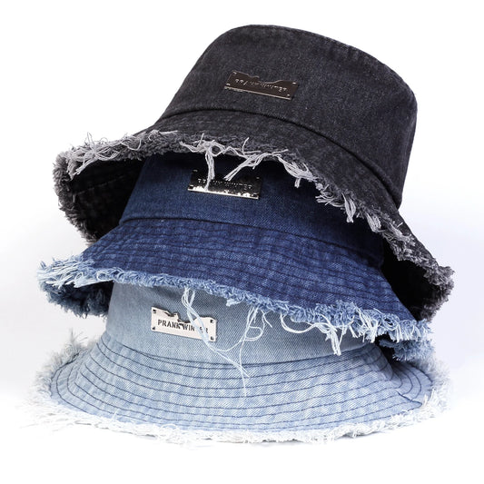 Unisex Denim Bucket Hat With Vintage Edge Holes Sun Protection