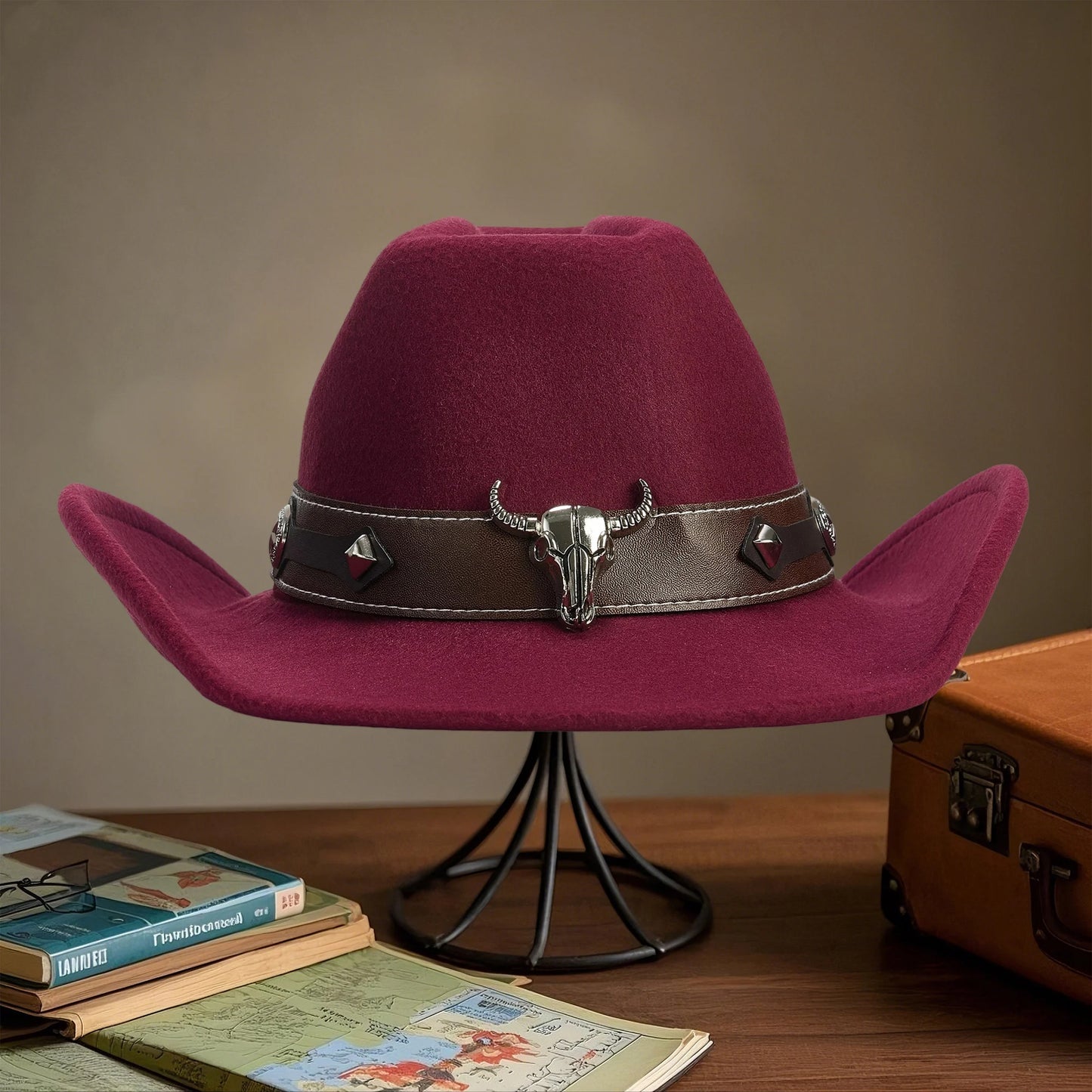 NONECN Vintage Cowboy Hat With Wide Brim And Bull Embroidery