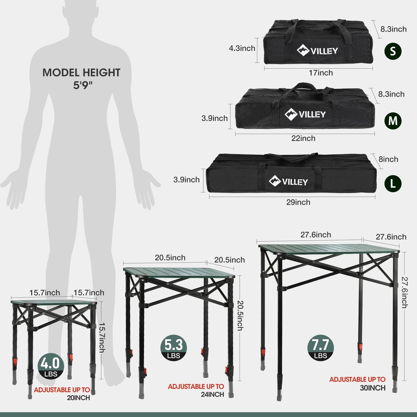 VILLEY Folding Camping Square Table Lightweight Aluminum With Carry Bag