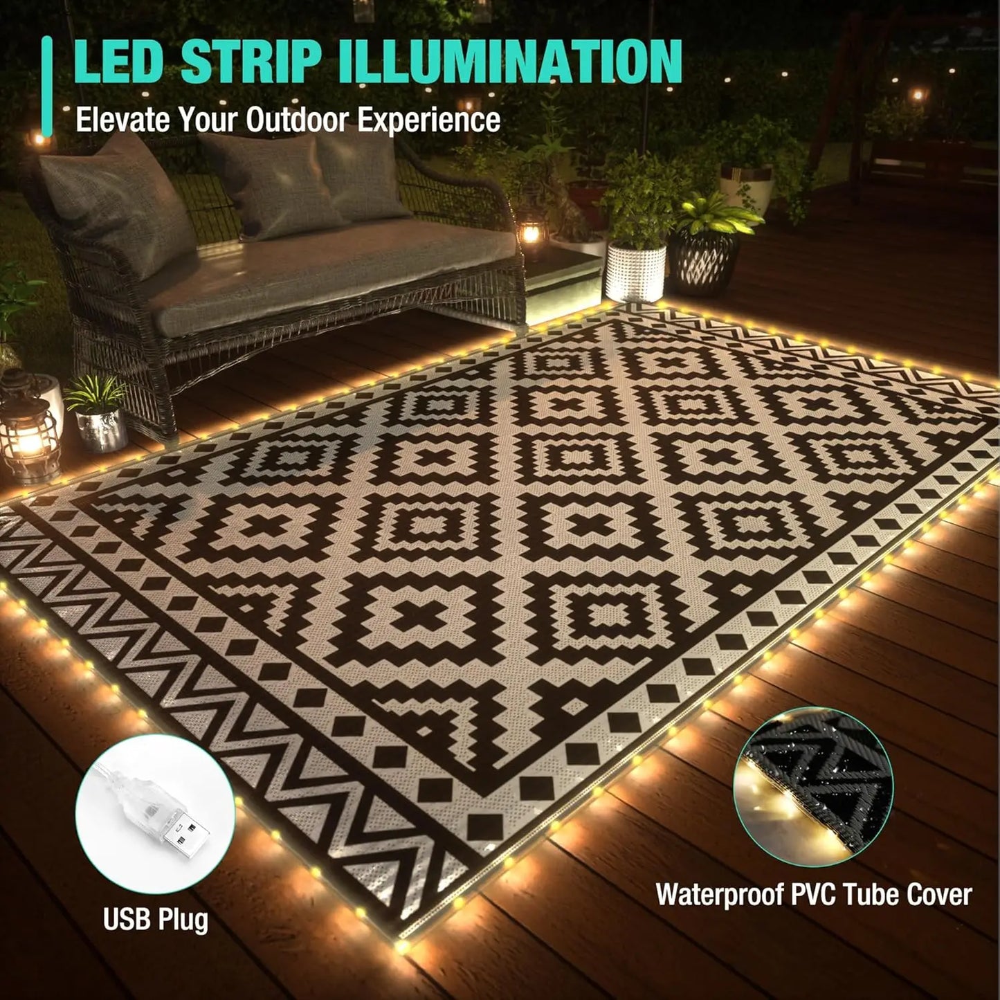 Waterproof Outdoor Rug With LED Lights For Patio And Beach