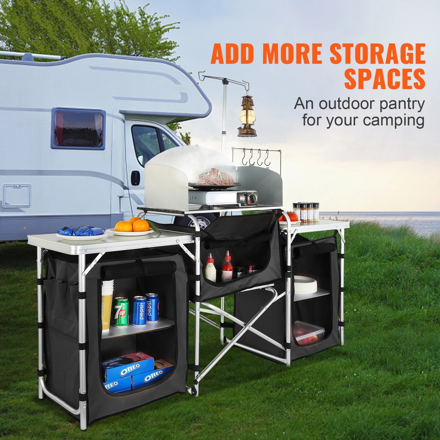 SucceBuy Folding Outdoor Kitchen Table Cabinet For Camping And BBQ