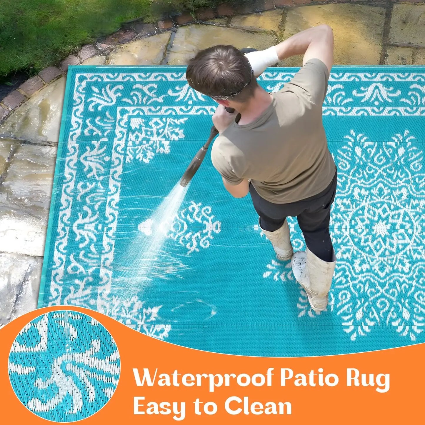 Outdoor Reversible Rug for Patio, Waterproof and UV Resistant