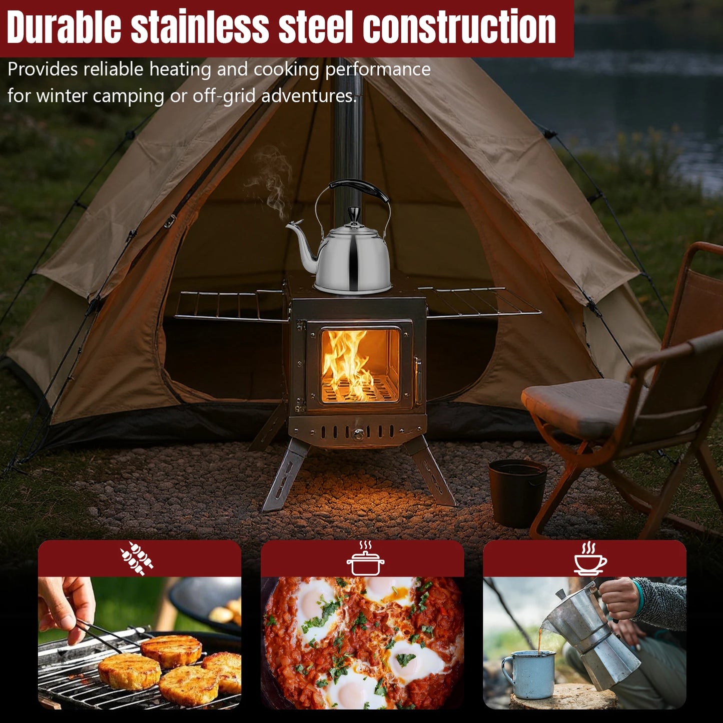 Stainless Steel Tent Stove With Chimney Pipe For Outdoor Camping