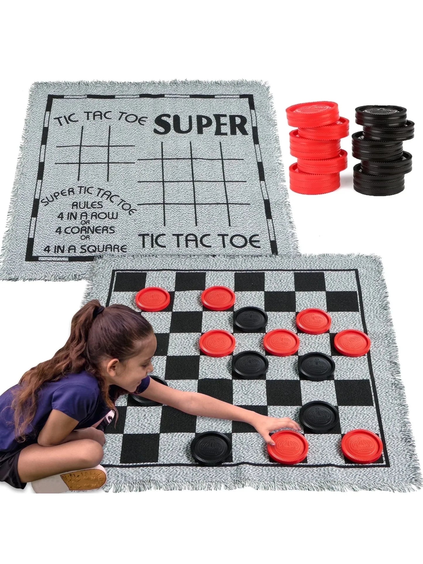 Joyfy 3-in-1 Vintage Giant Checkers Tic Tac Toe Game for Kids Outdoor Games Family Adults Game Toys