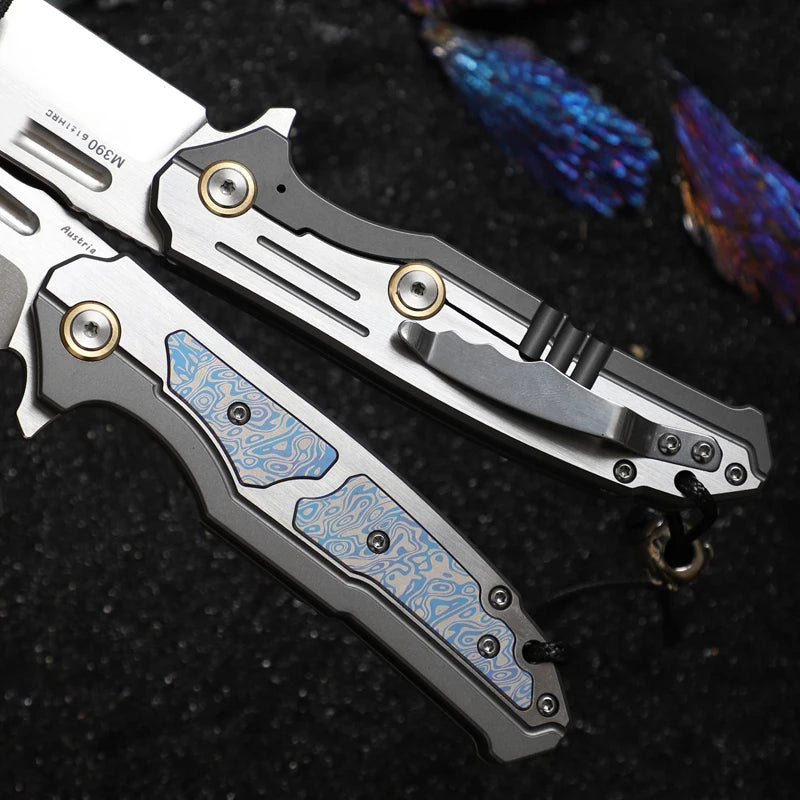 ALVELYDIY Outdoor Tactical Folding Knife M390 Steel With Leather Sheath